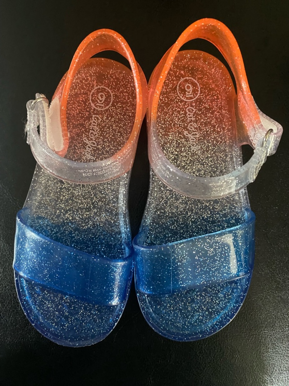 Cat & Jack Girls Glitter Jelly Sandals in Blue and Clear with Orange Backstrap